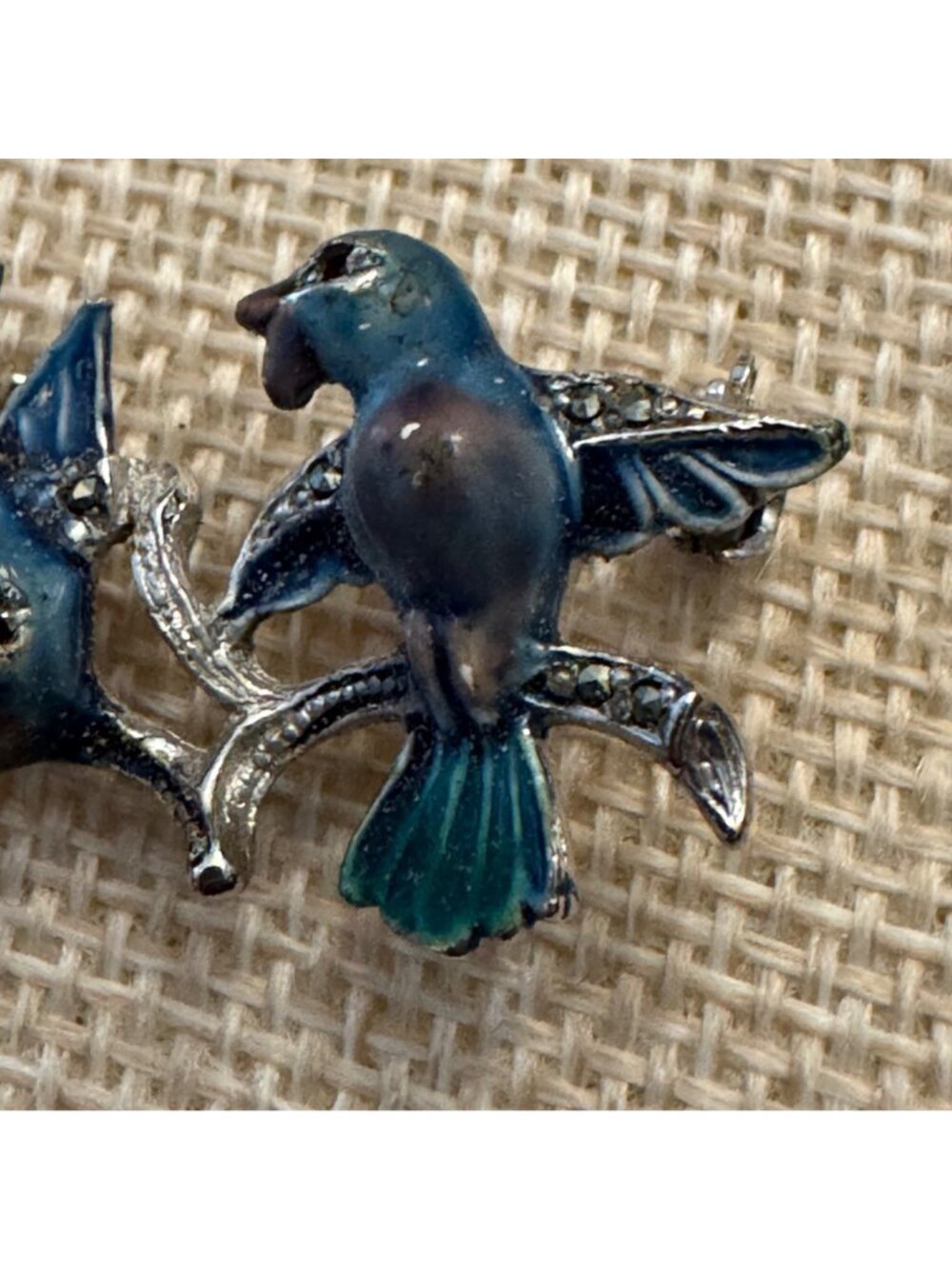 Vintage Enamel Bluebird Brooch With Rhinestone Accents On Silver Branch Design - Picture 4 of 8